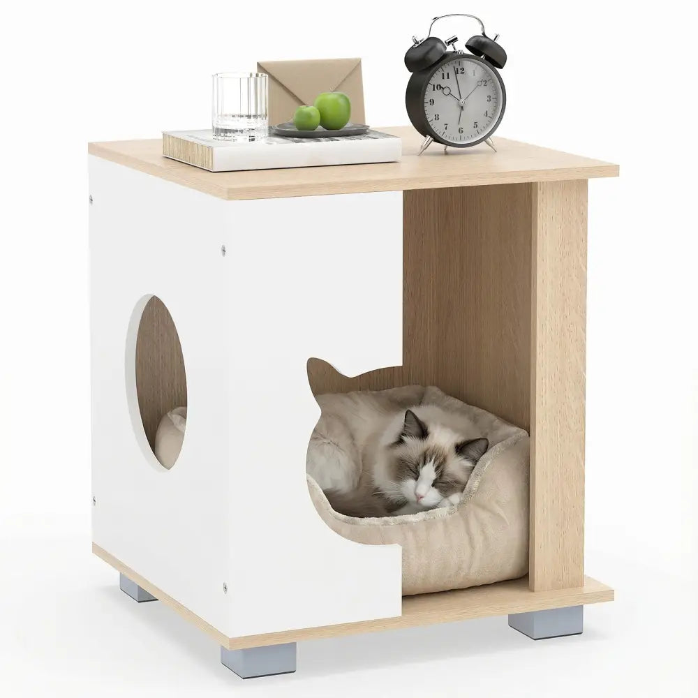 Wooden Semi-enclosed Cat Condo with Kitty Head-shaped Entry and Metal Legs-Natural - Natural - Cat Trees Condos &