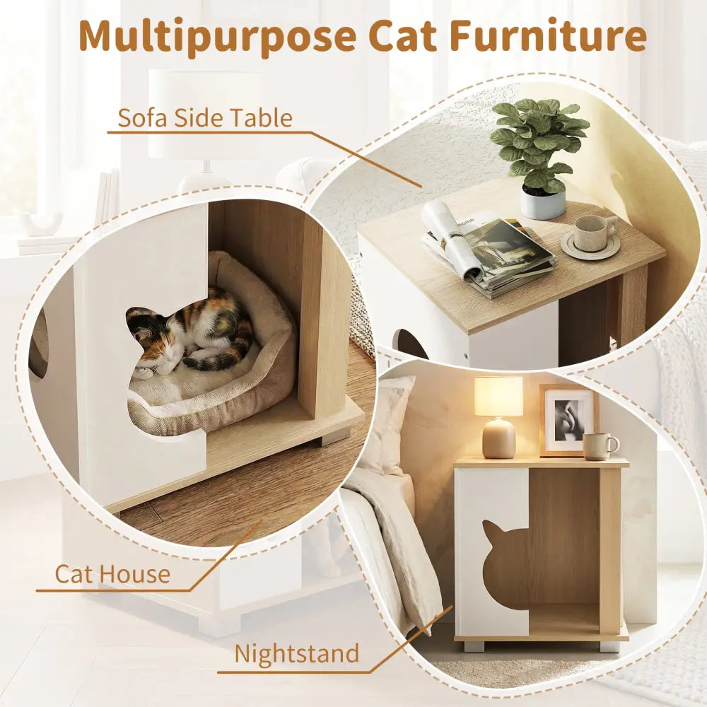 Wooden Semi-enclosed Cat Condo with Kitty Head-shaped Entry and Metal Legs-Natural - Natural - Cat Trees Condos &