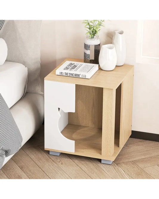 Wooden Semi-enclosed Cat Condo with Kitty Head-shaped Entry and Metal Legs-Natural - Natural - Cat Trees Condos &