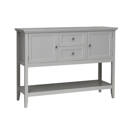 Gray sideboard with two doors and two drawers on a white background