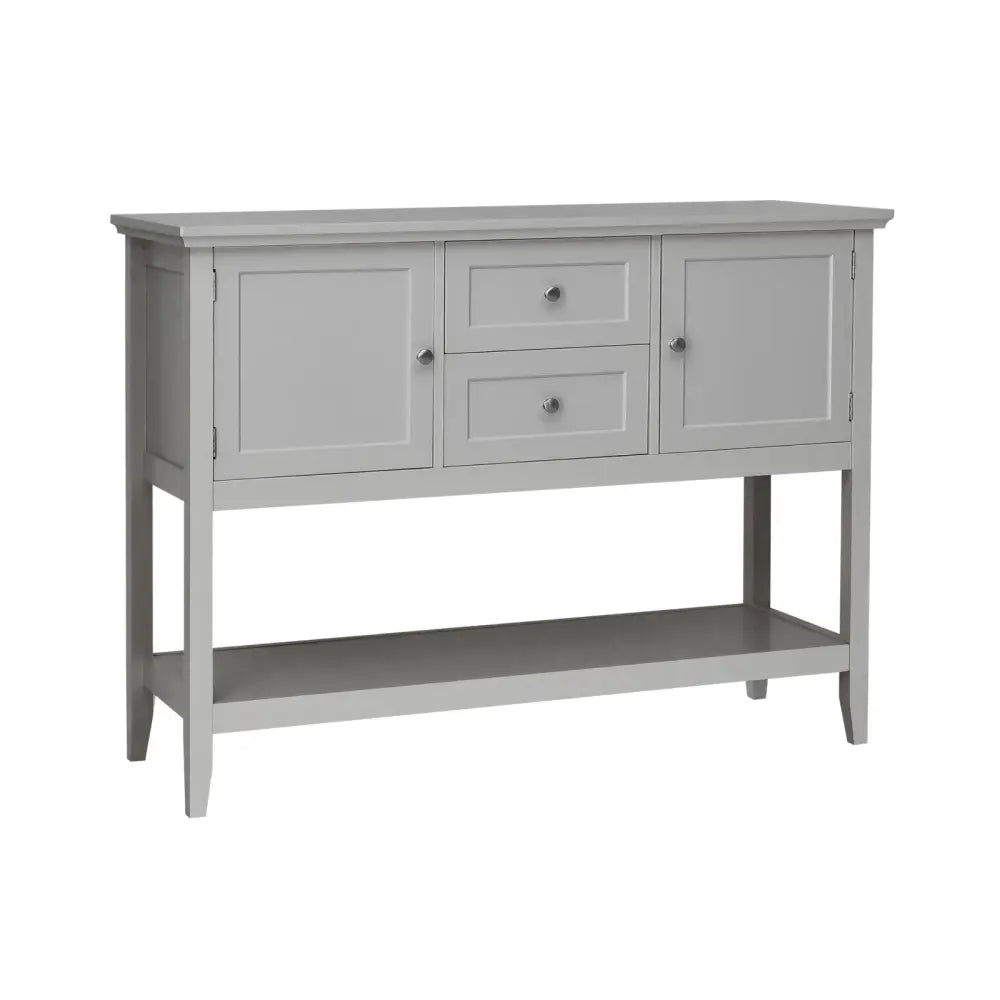 Gray sideboard with two doors and two drawers on a white background