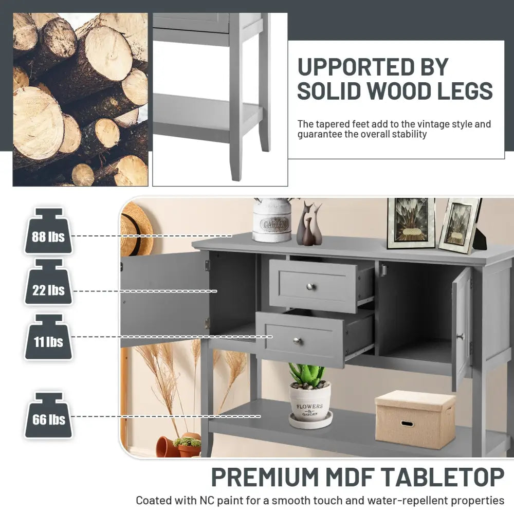 Wooden Sideboard Buffet Console Table with Drawers and Storage-Gray - Gray - Console Tables