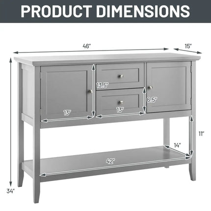 Gray console table with dimensions labeled
