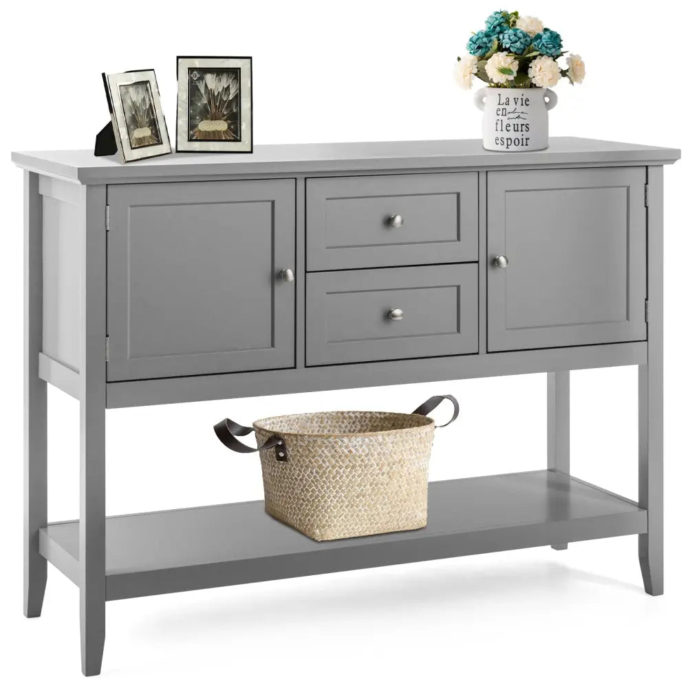 Gray console table with decorative items on a white background
