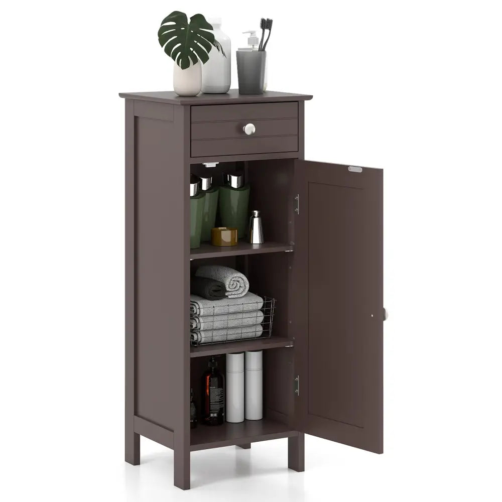 Wooden Storage Free-Standing Floor Cabinet with Drawer and Shelf-Brown - Brown - Floor Cabinets