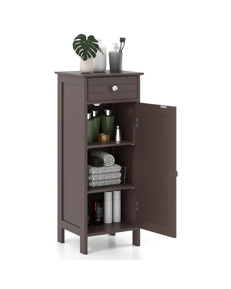 Wooden Storage Free-Standing Floor Cabinet with Drawer and Shelf-Brown - Brown - Floor Cabinets
