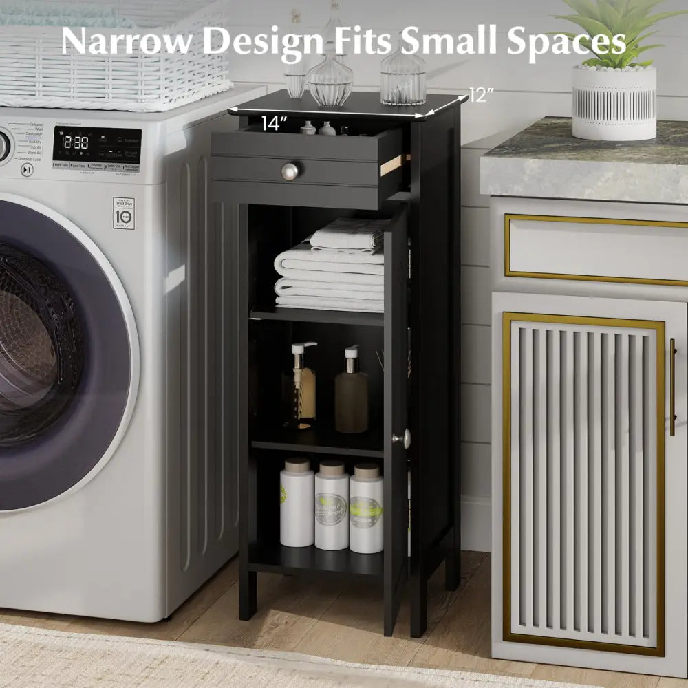 Wooden Storage Free-Standing Floor Cabinet with Drawer and Shelf-Black - Black - Floor Cabinets