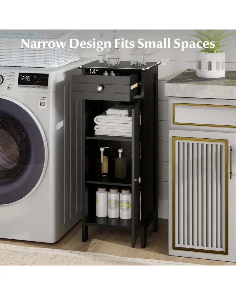 Wooden Storage Free-Standing Floor Cabinet with Drawer and Shelf-Black - Black - Floor Cabinets