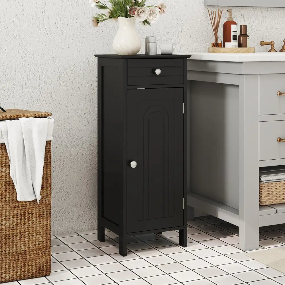 Wooden Storage Free-Standing Floor Cabinet with Drawer and Shelf-Black - Black - Floor Cabinets