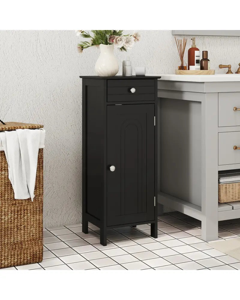 Wooden Storage Free-Standing Floor Cabinet with Drawer and Shelf-Black - Black - Floor Cabinets