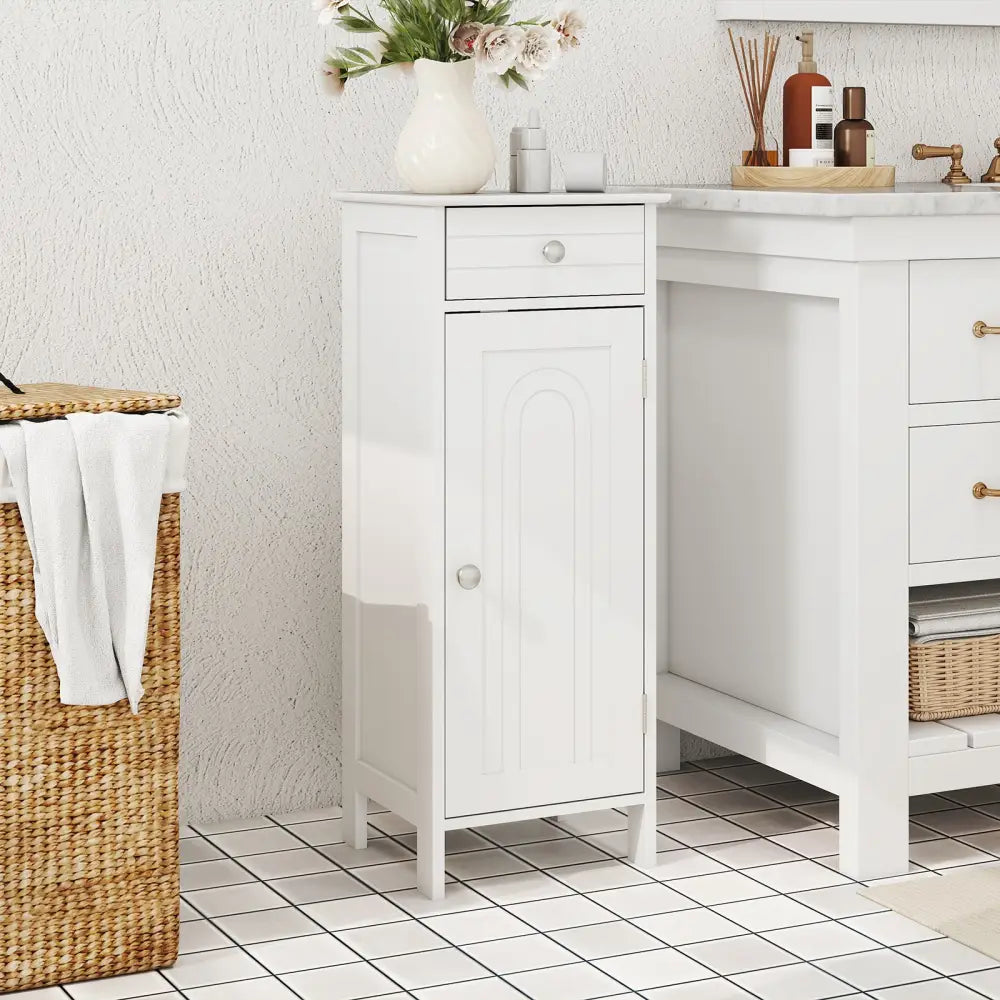 Wooden Storage Free-Standing Floor Cabinet with Drawer and Shelf-White - White - Floor Cabinets