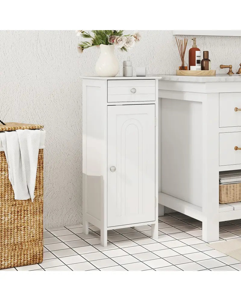 Wooden Storage Free-Standing Floor Cabinet with Drawer and Shelf-White - White - Floor Cabinets