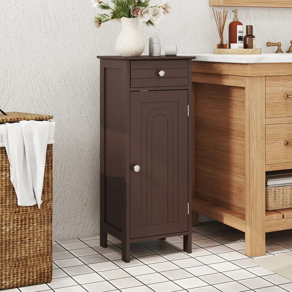 Wooden Storage Free-Standing Floor Cabinet with Drawer and Shelf-Brown - Brown - Floor Cabinets