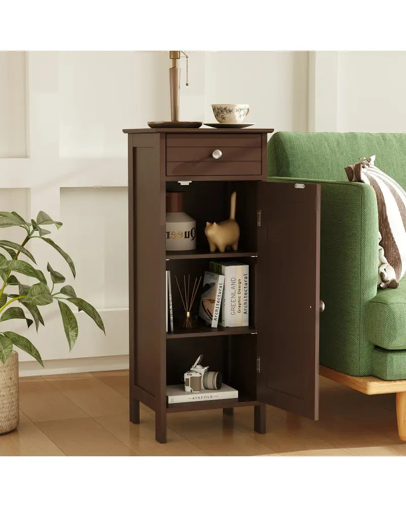 Wooden Storage Free-Standing Floor Cabinet with Drawer and Shelf-Brown - Brown - Floor Cabinets