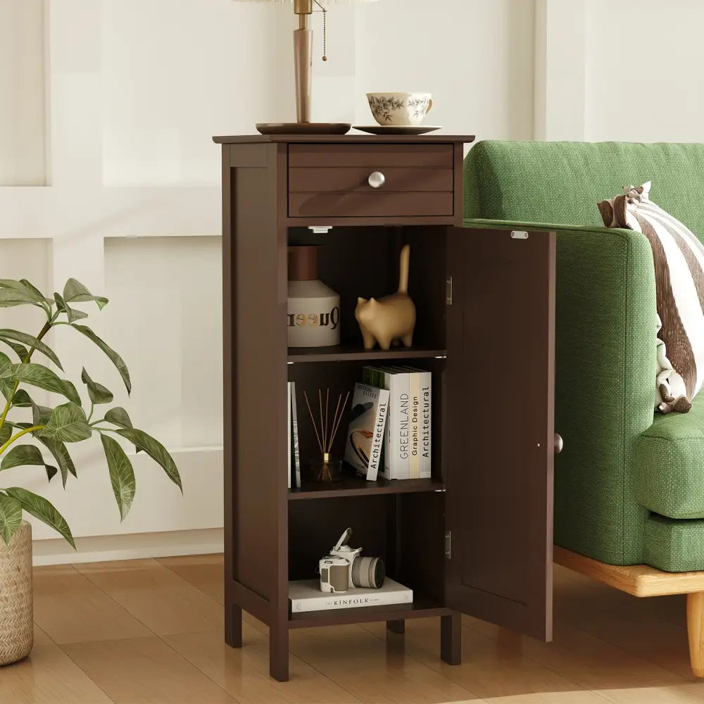 Wooden Storage Free-Standing Floor Cabinet with Drawer and Shelf-Brown - Brown - Floor Cabinets