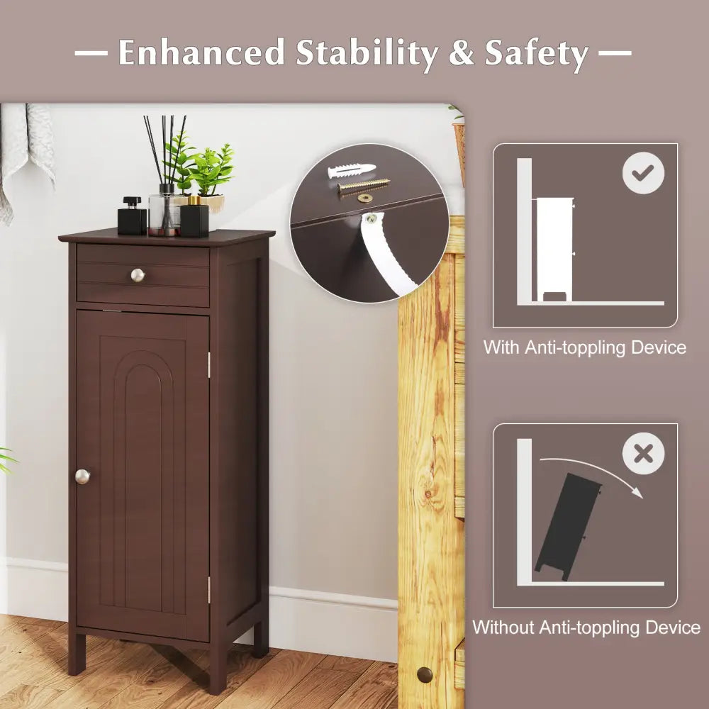 Wooden Storage Free-Standing Floor Cabinet with Drawer and Shelf-Brown - Brown - Floor Cabinets