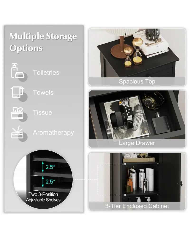 Wooden Storage Free-Standing Floor Cabinet with Drawer and Shelf-Black - Black - Floor Cabinets