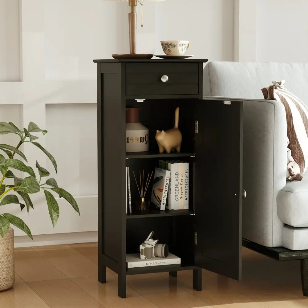 Wooden Storage Free-Standing Floor Cabinet with Drawer and Shelf-Black - Black - Floor Cabinets
