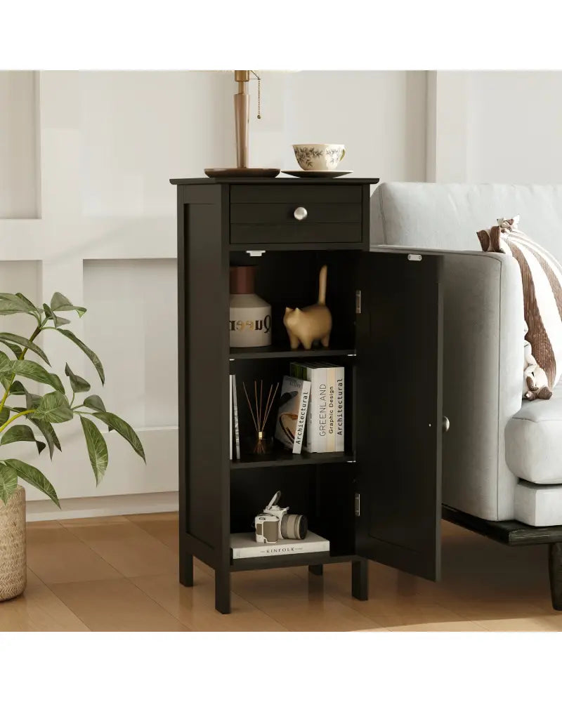 Wooden Storage Free-Standing Floor Cabinet with Drawer and Shelf-Black - Black - Floor Cabinets