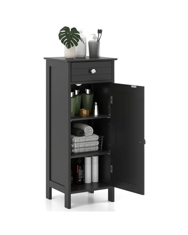 Wooden Storage Free-Standing Floor Cabinet with Drawer and Shelf-Black - Black - Floor Cabinets