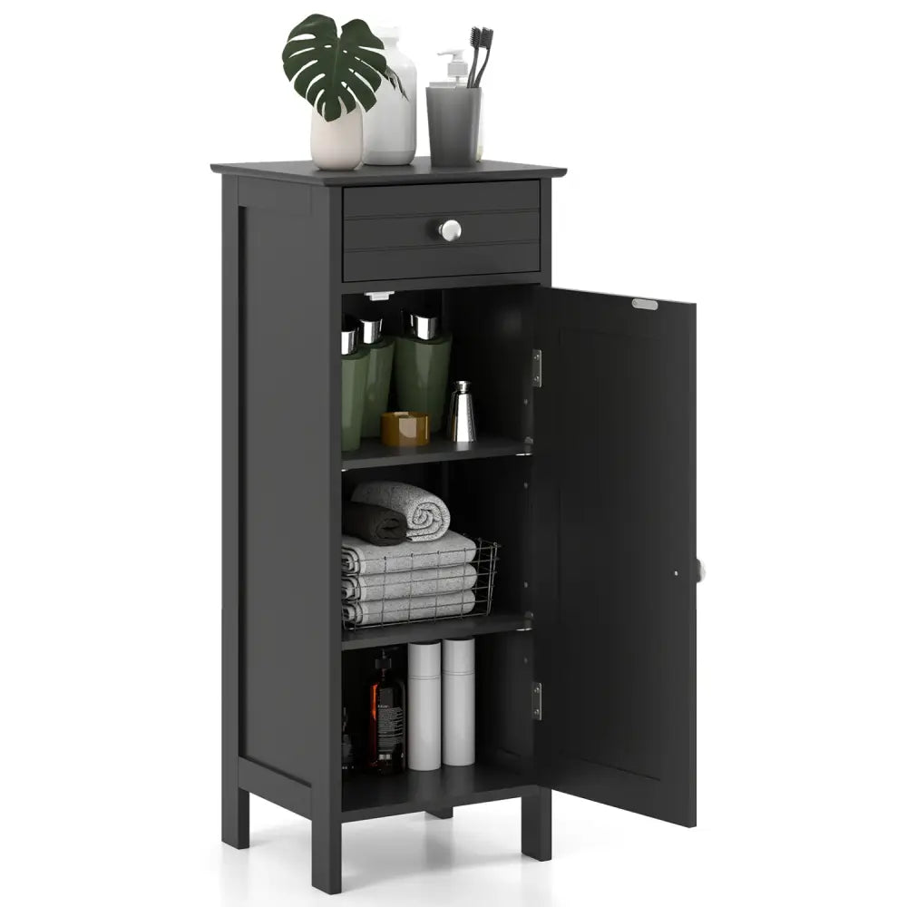 Wooden Storage Free-Standing Floor Cabinet with Drawer and Shelf-Black - Black - Floor Cabinets