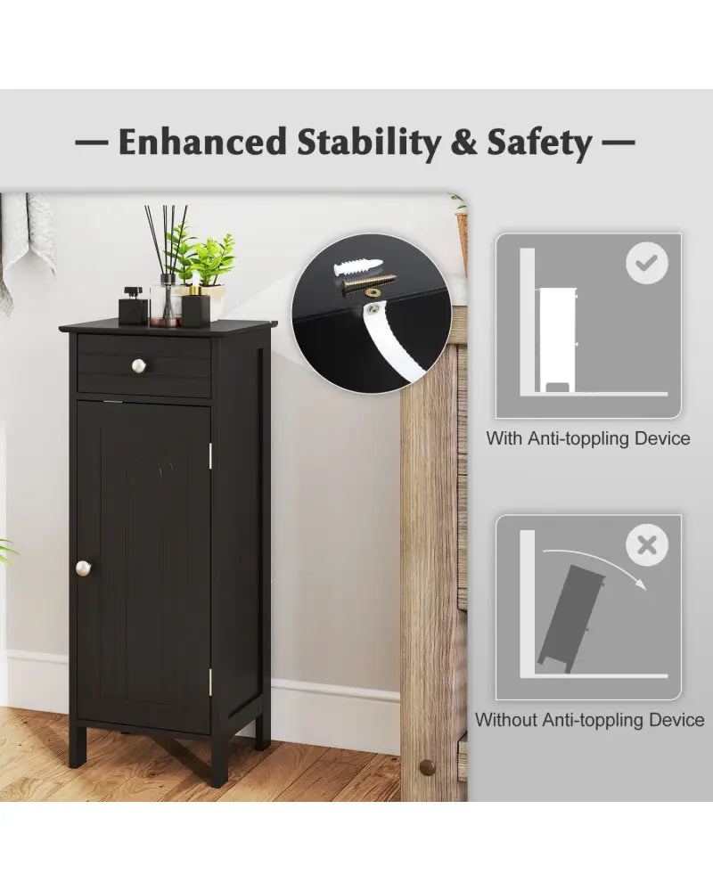Wooden Storage Free-Standing Floor Cabinet with Drawer and Shelf-Black - Black - Floor Cabinets