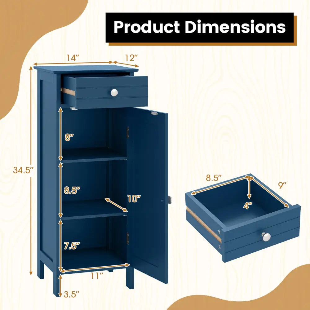 Wooden Storage Free-Standing Floor Cabinet with Drawer and Shelf-Blue - Blue - Floor Cabinets