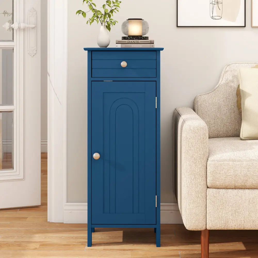 Wooden Storage Free-Standing Floor Cabinet with Drawer and Shelf-Blue - Blue - Floor Cabinets