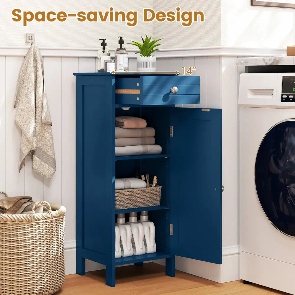 Wooden Storage Free-Standing Floor Cabinet with Drawer and Shelf-Blue - Blue - Floor Cabinets