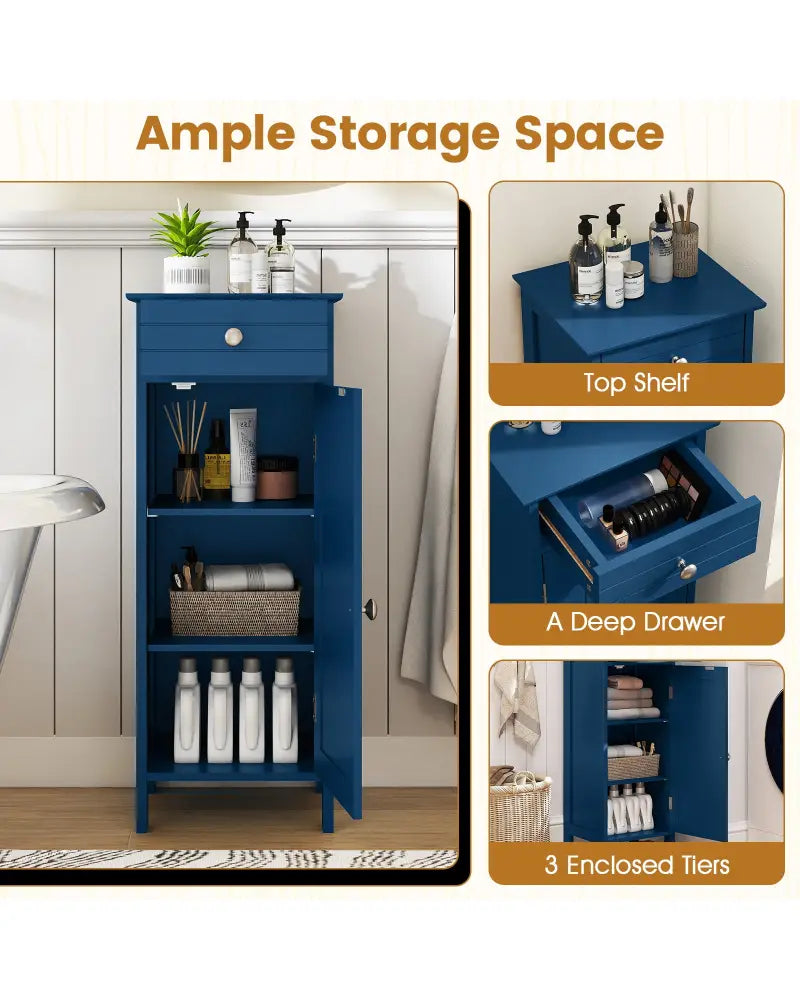 Wooden Storage Free-Standing Floor Cabinet with Drawer and Shelf-Blue - Blue - Floor Cabinets