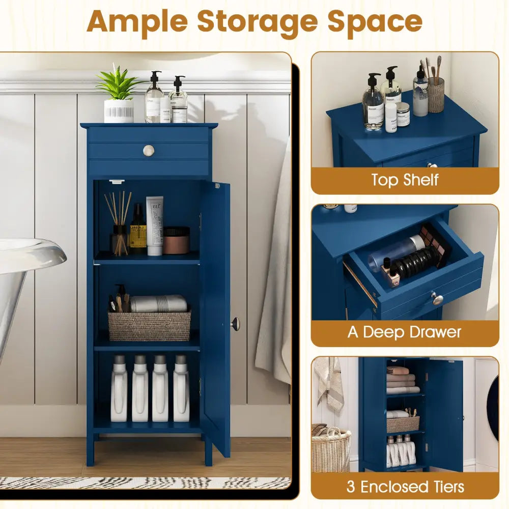 Wooden Storage Free-Standing Floor Cabinet with Drawer and Shelf-Blue - Blue - Floor Cabinets
