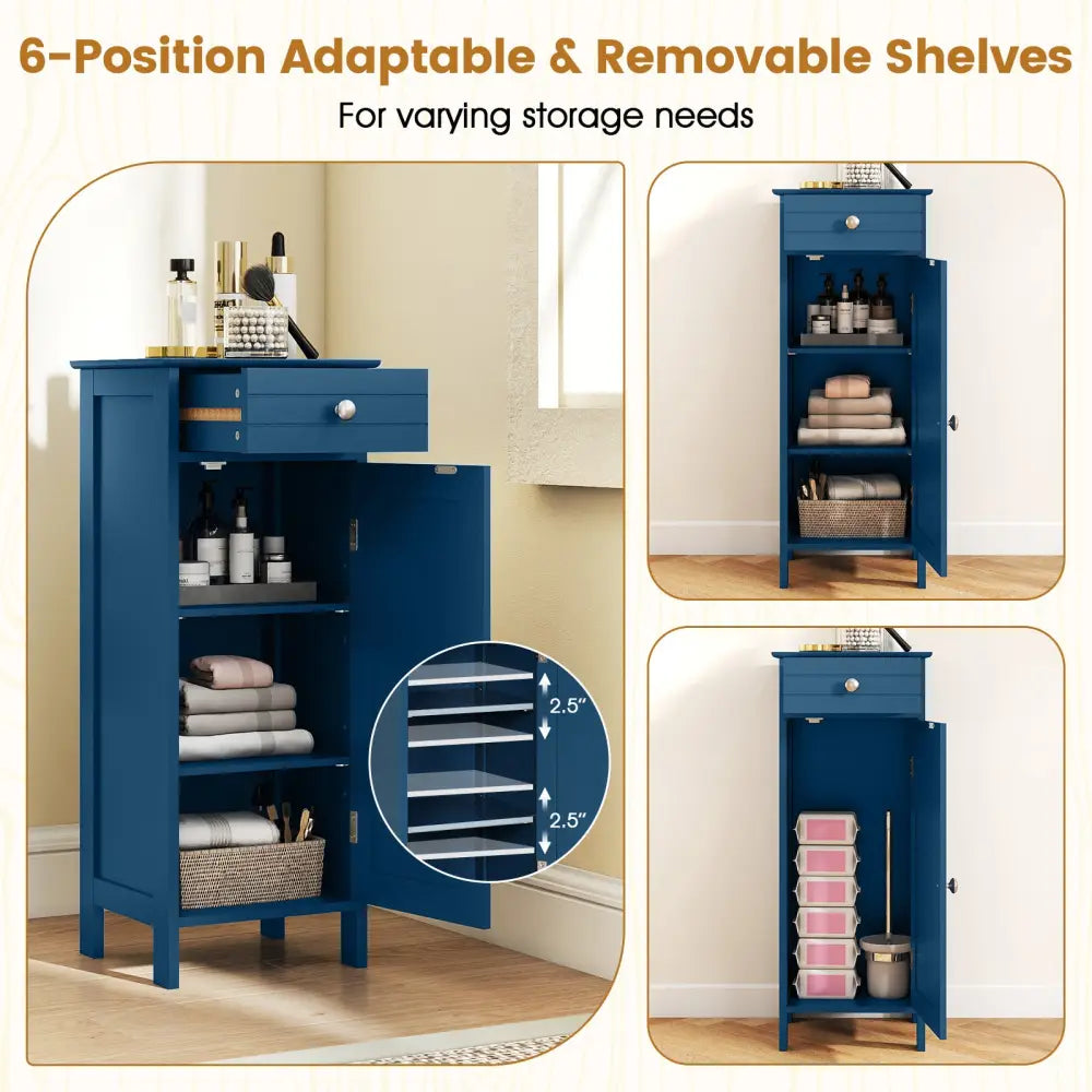 Wooden Storage Free-Standing Floor Cabinet with Drawer and Shelf-Blue - Blue - Floor Cabinets