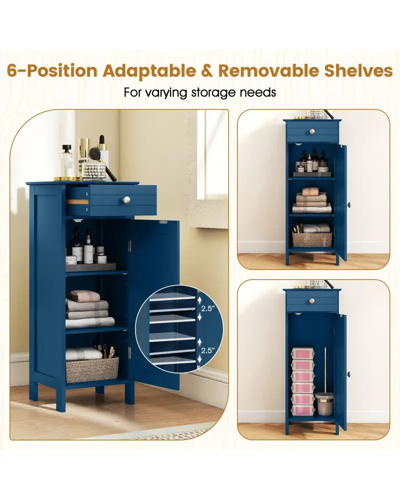 Wooden Storage Free-Standing Floor Cabinet with Drawer and Shelf-Blue - Blue - Floor Cabinets