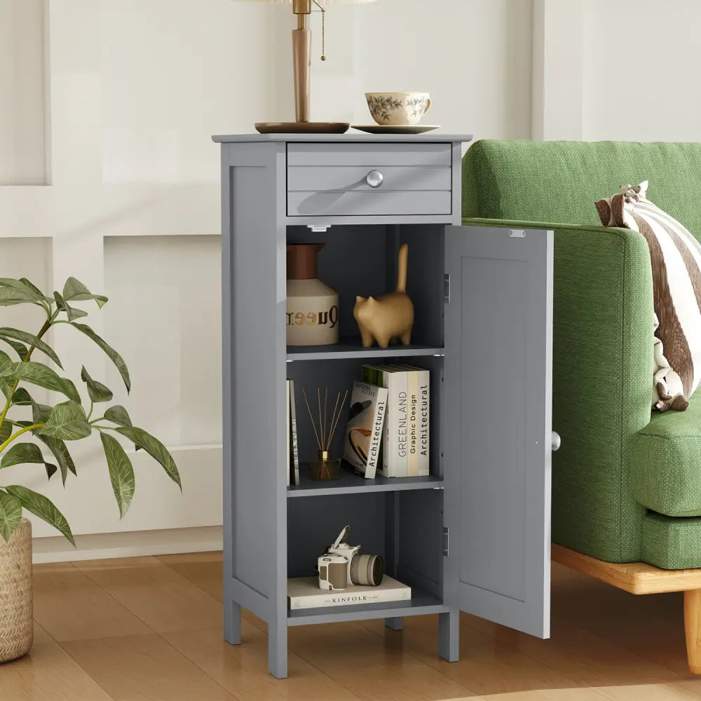 Wooden Storage Free-Standing Floor Cabinet with Drawer and Shelf-Gray - Gray - Floor Cabinets