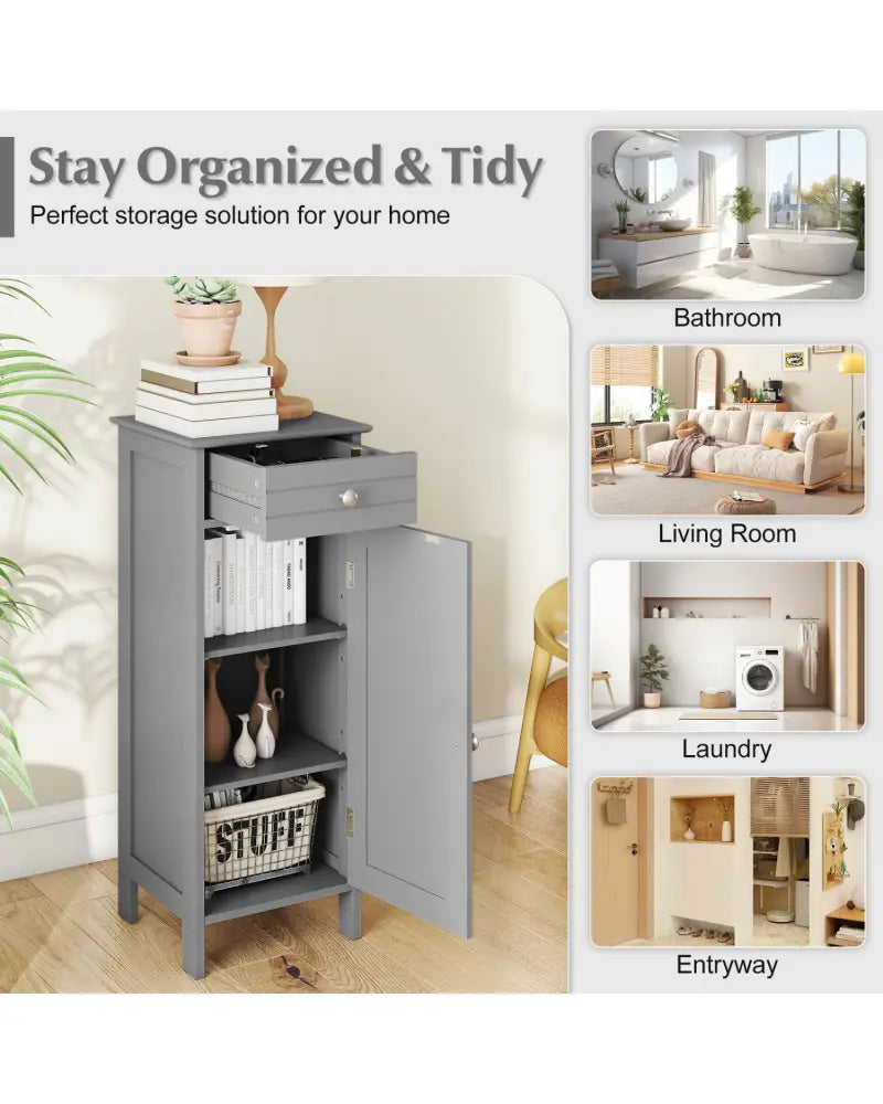 Wooden Storage Free-Standing Floor Cabinet with Drawer and Shelf-Gray - Gray - Floor Cabinets