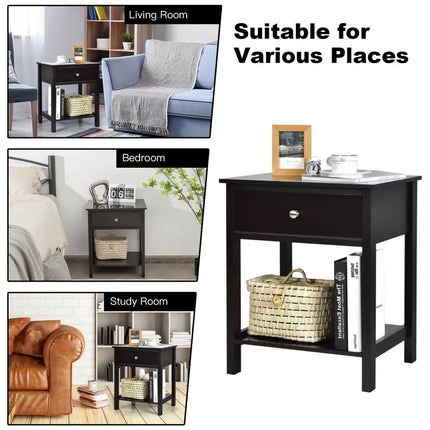 Wooden Storage Shelf with Drawer for Bedroom and Living Room-Black - Black - Nightstands