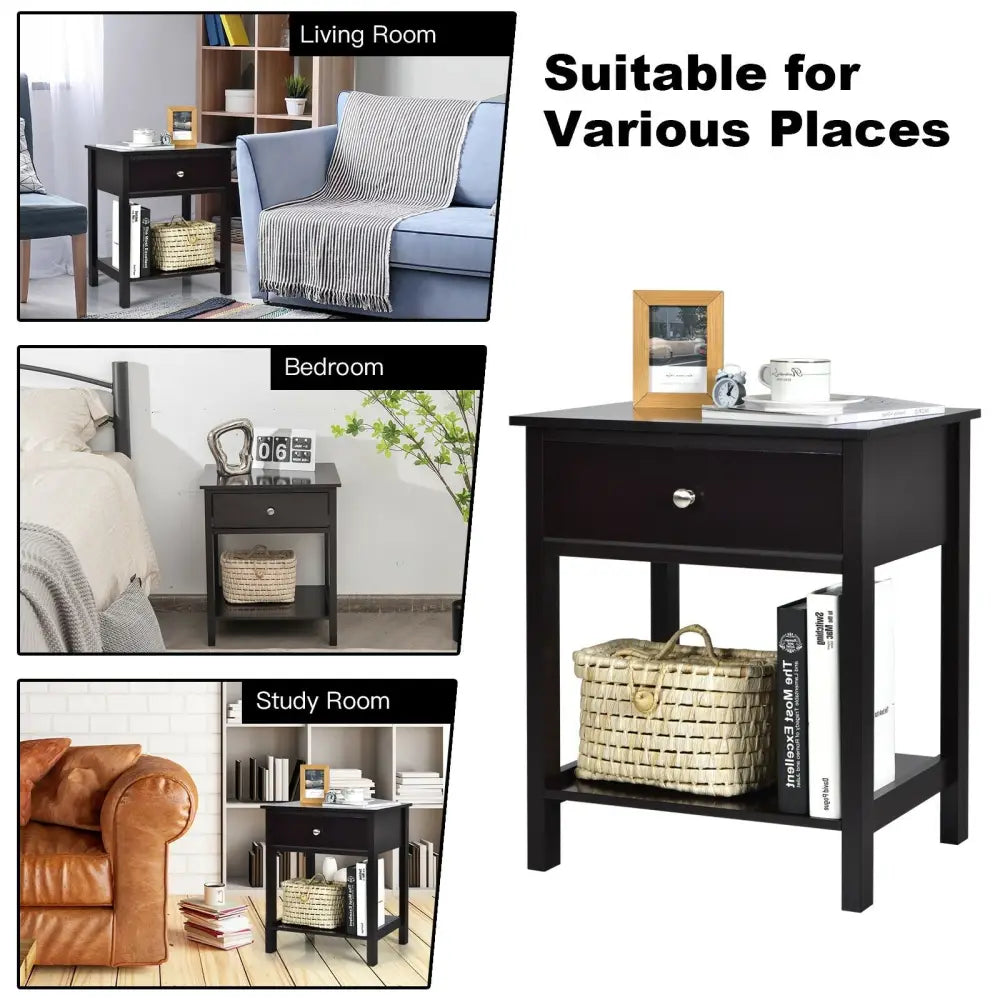 Wooden Storage Shelf with Drawer for Bedroom and Living Room-Black - Black - Nightstands