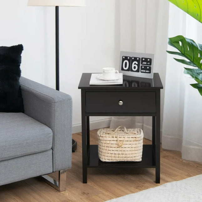 Wooden Storage Shelf with Drawer for Bedroom and Living Room-Black - Black - Nightstands