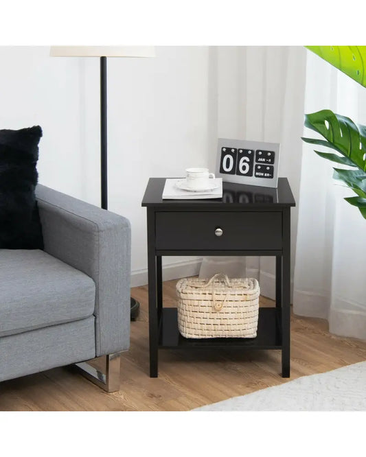 Wooden Storage Shelf with Drawer for Bedroom and Living Room-Black - Black - Nightstands