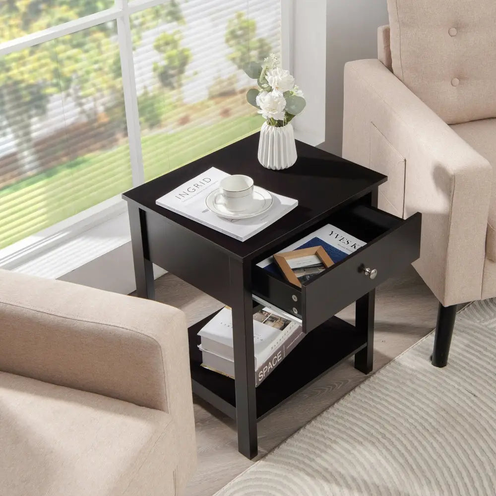 Wooden Storage Shelf with Drawer for Bedroom and Living Room-Black - Black - Nightstands