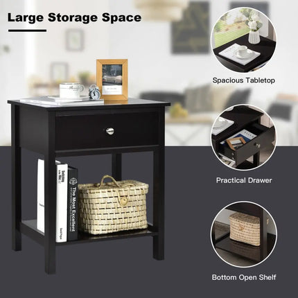Wooden Storage Shelf with Drawer for Bedroom and Living Room-Black - Black - Nightstands