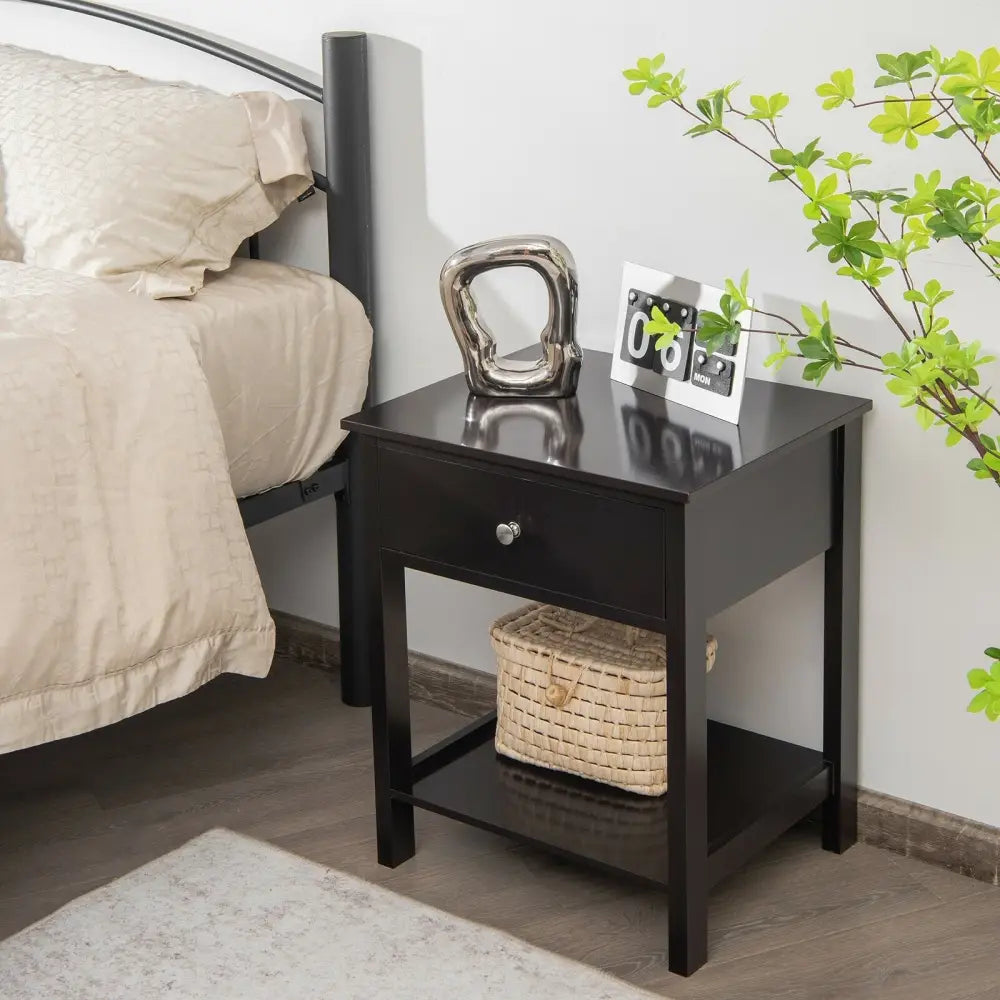 Wooden Storage Shelf with Drawer for Bedroom and Living Room-Black - Black - Nightstands