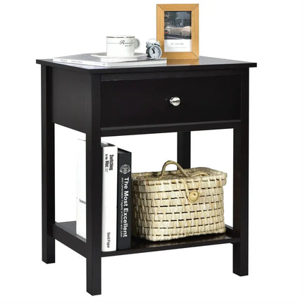 Wooden Storage Shelf with Drawer for Bedroom and Living Room-Black - Black - Nightstands