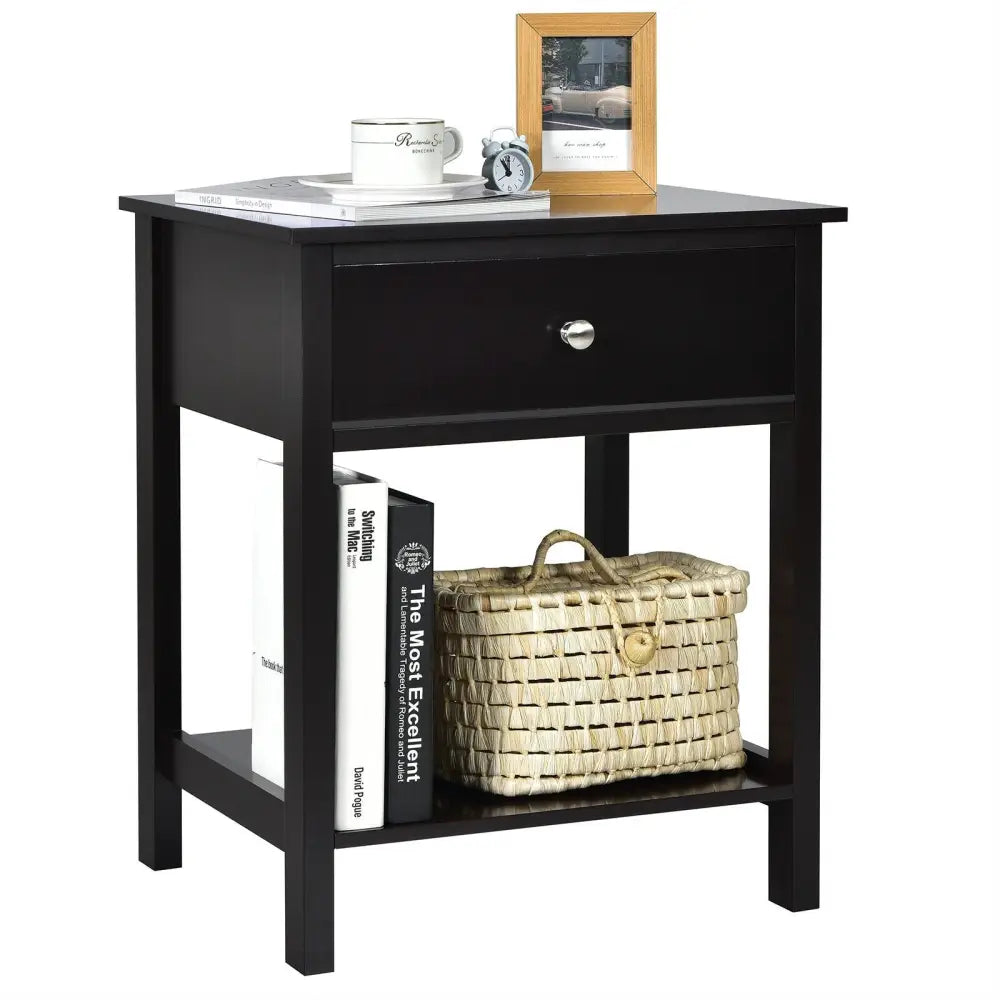 Wooden Storage Shelf with Drawer for Bedroom and Living Room-Black - Black - Nightstands