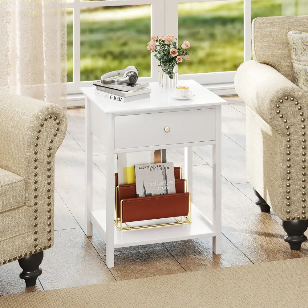 Wooden Storage Shelf with Drawer for Bedroom and Living Room-White - White - Nightstands