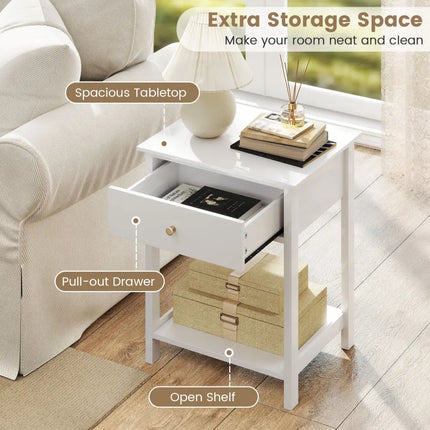 Wooden Storage Shelf with Drawer for Bedroom and Living Room-White - White - Nightstands