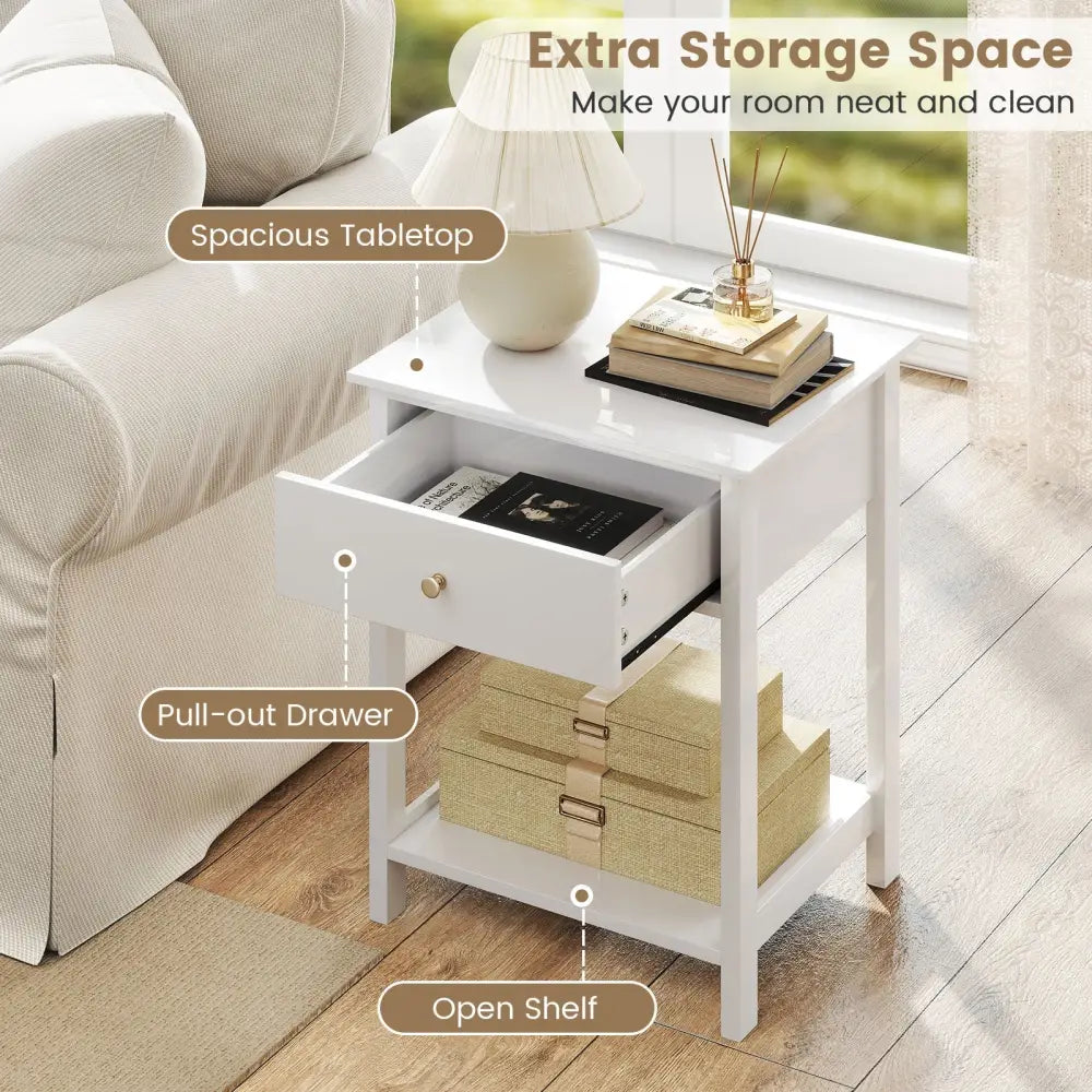 Wooden Storage Shelf with Drawer for Bedroom and Living Room-White - White - Nightstands