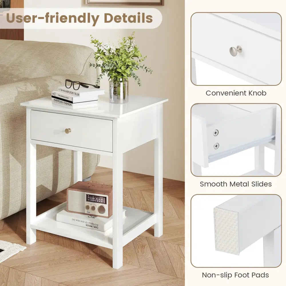 Wooden Storage Shelf with Drawer for Bedroom and Living Room-White - White - Nightstands