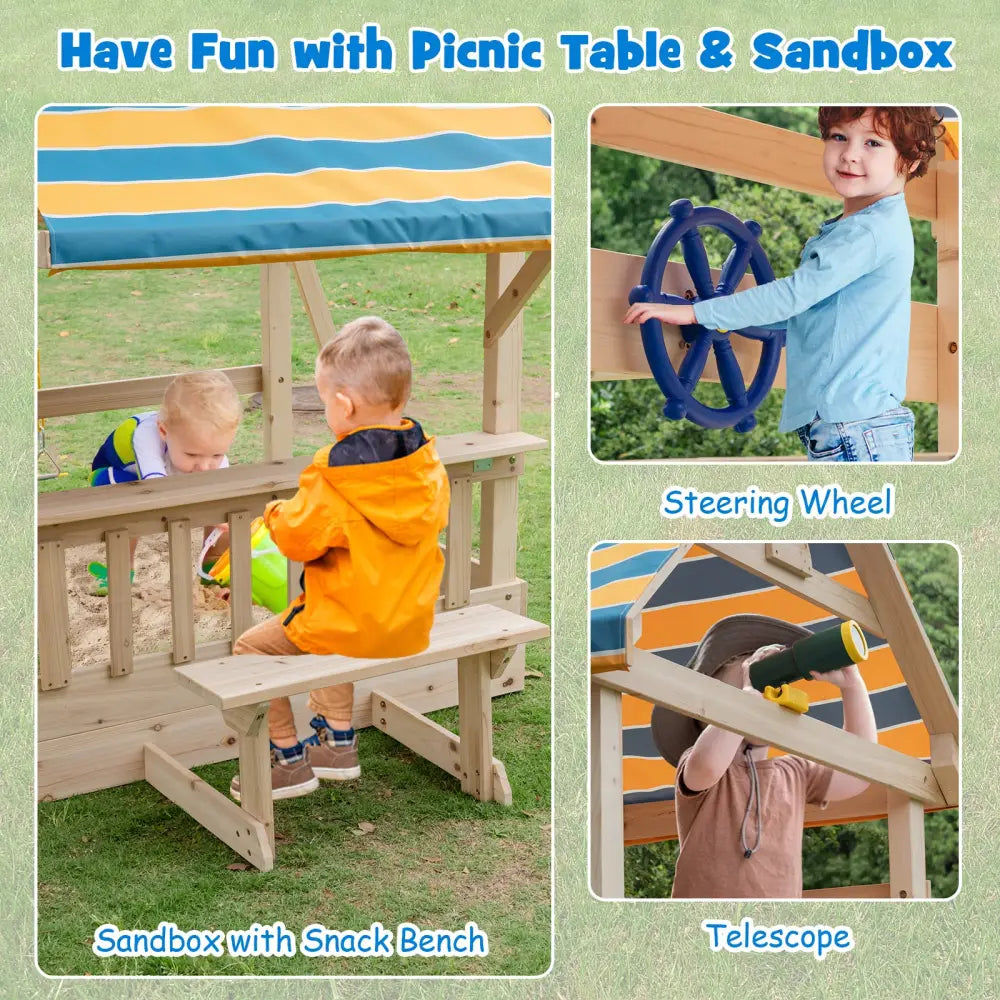 Wooden Swing Set with Large Upper Deck Slide and Steering Wheel - Multicolor - Swing & Playsets