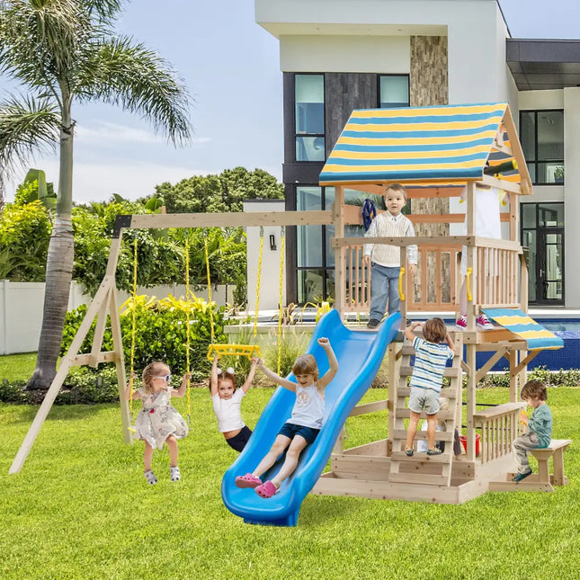 Wooden Swing Set with Large Upper Deck Slide and Steering Wheel - Multicolor - Swing & Playsets